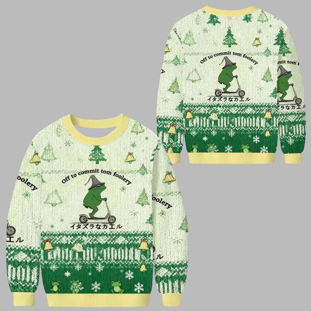 Off To Commit Tomfoolery Frog Ugly Christmas Sweater