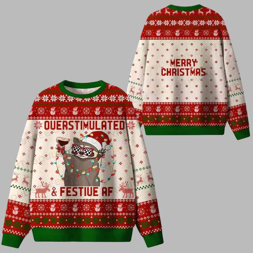 Overstimulated and Festive AF Raccoon Ugly Christmas Sweater