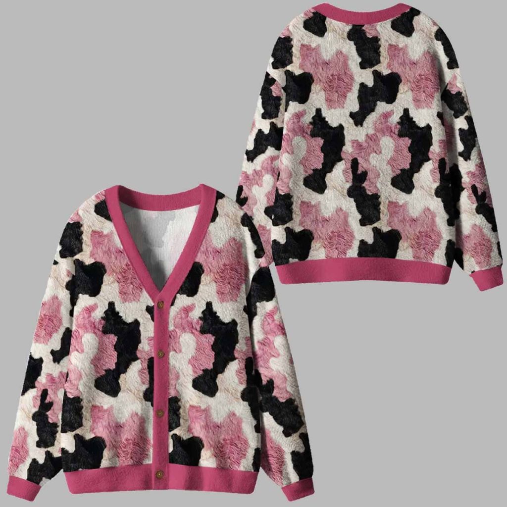 Pink Patch Pastures Whimsical Cow Print Ugly Cardigan Sweater 1