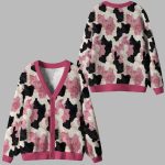 Pink-Patch Pastures Whimsical Cow Print Ugly Cardigan Sweater