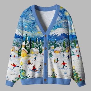 Village Under The Starry Night Ugly Cardigan Sweater 1 Village Under The Starry Night Ugly Cardigan Sweater