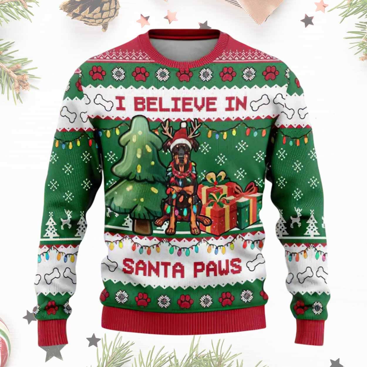 Rottweiler Santa I Believe In Santa Paws Ugly Christmas Sweater Rottweiler Santa I Believe In Santa Paws Ugly Christmas Sweater