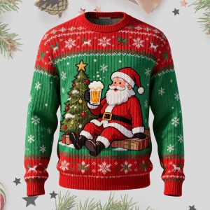 Santa Drinking Beer Ugly Christmas Sweater