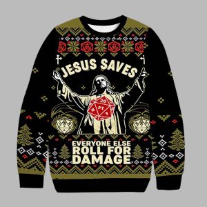 Jesus Saves Roll For Damage Ugly Christmas Sweater