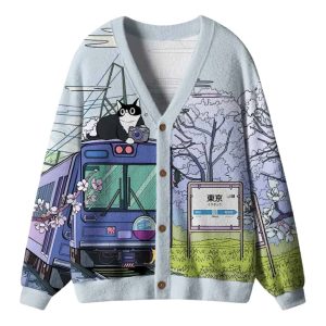 Black Cat On The Train Ugly Cardigan Sweater 1 Black Cat On The Train Ugly Cardigan Sweater 2