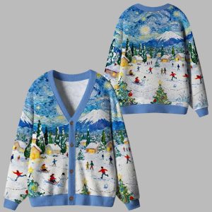 Village Under The Starry Night Ugly Cardigan Sweater