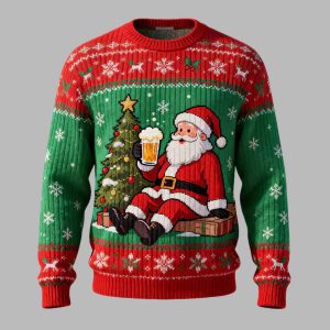 Santa Drinking Beer Ugly Christmas Sweater