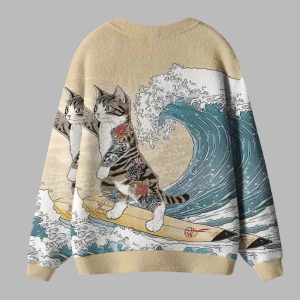 Cat Surfing Ugly Cardigan Sweater
