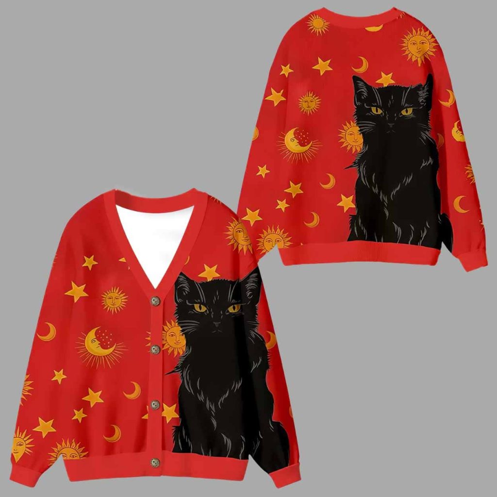 Black Cat Day And Night Ugly Cardigan Sweater 1