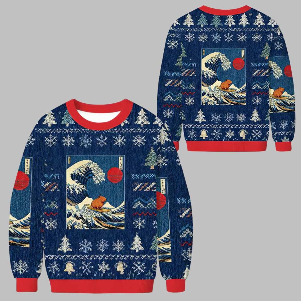 Capybara Surfing Ugly Christmas Sweater