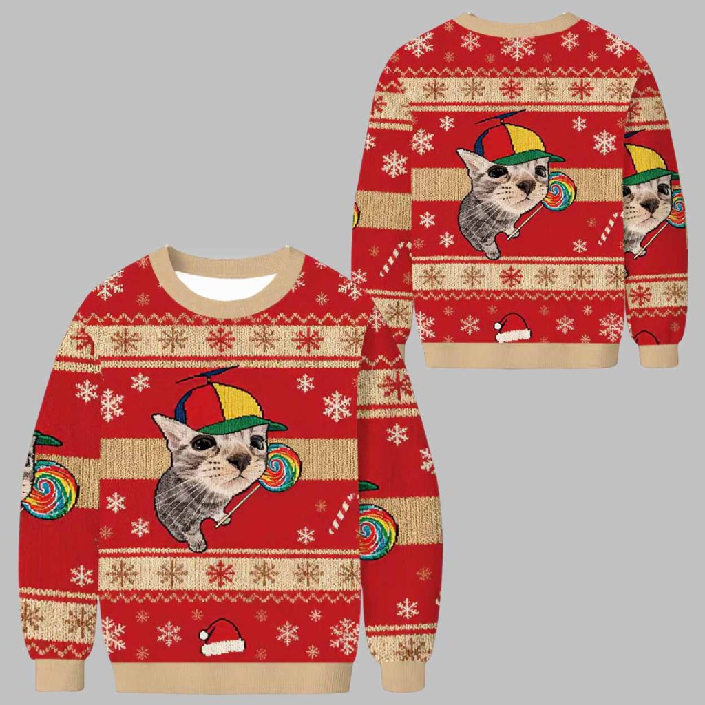 Cat With Lollipop And Hat Ugly Christmas Sweater