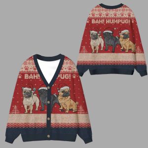 Bah Hum Pug Dog Lovers Ugly Cardigan Sweater