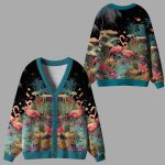 Midnight Flamingo Waltz Ugly Cardigan Sweater