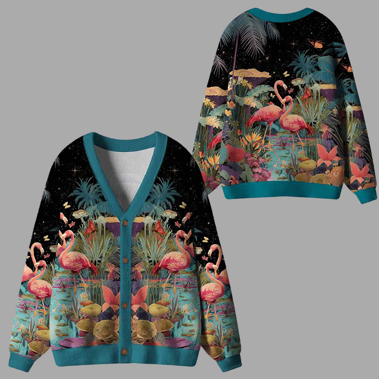 Midnight Flamingo Waltz Ugly Cardigan Sweater Midnight Flamingo Waltz Ugly Cardigan Sweater