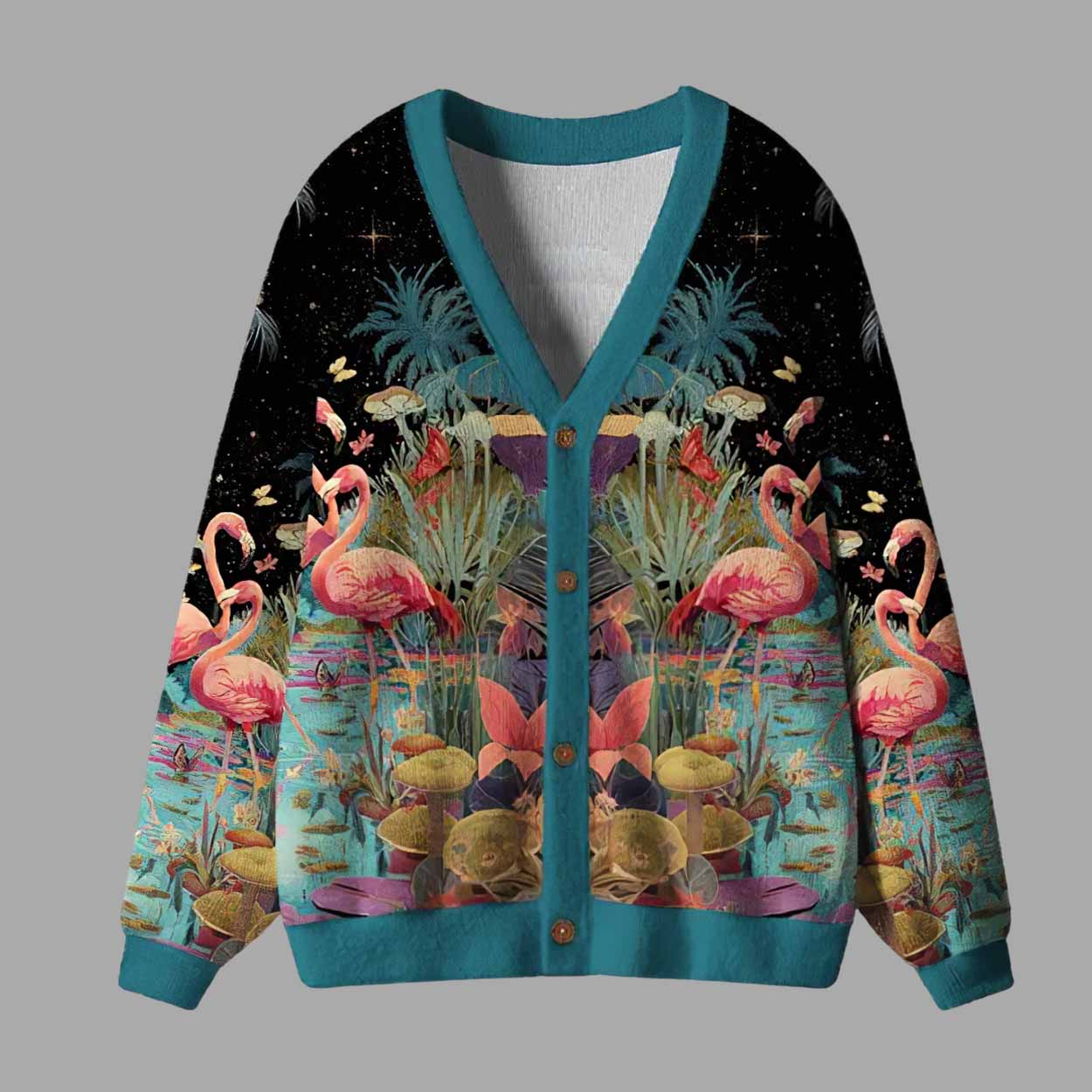 Midnight Flamingo Waltz Ugly Cardigan Sweater Midnight Flamingo Waltz Ugly Cardigan Sweater