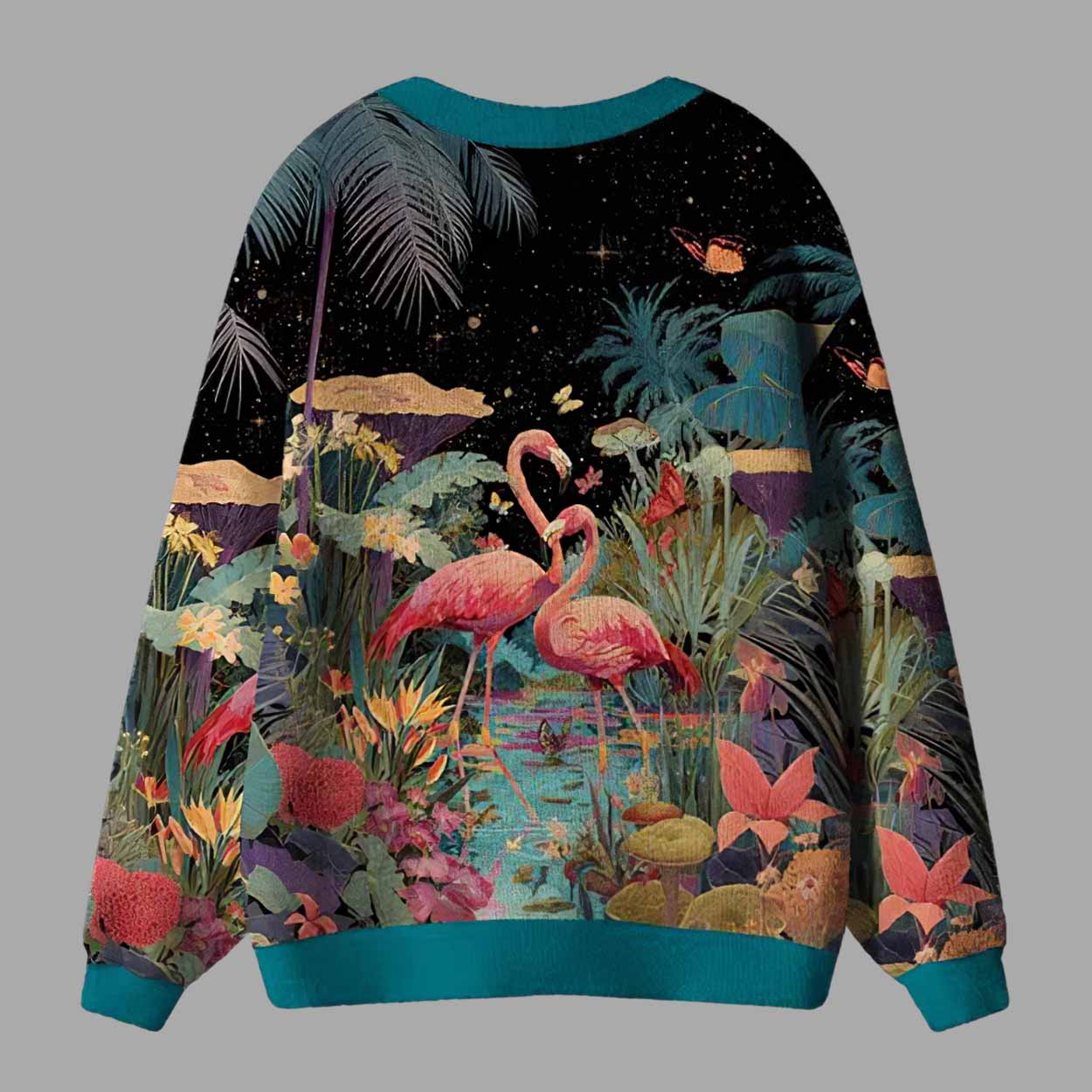 Midnight Flamingo Waltz Ugly Cardigan Sweater Midnight Flamingo Waltz Ugly Cardigan Sweater