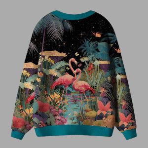 Midnight Flamingo Waltz Ugly Cardigan Sweater 2 Midnight Flamingo Waltz Ugly Cardigan Sweater 3
