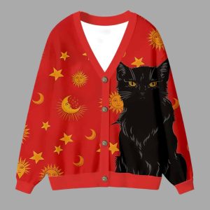 Black Cat Day And Night Ugly Cardigan Sweater 2