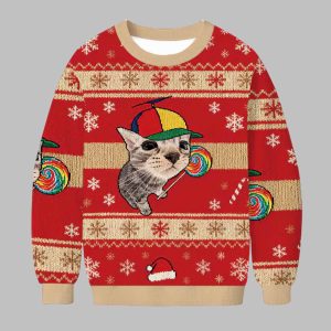 Cat With Lollipop And Hat Ugly Christmas Sweater