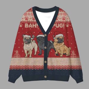 Bah Hum Pug Dog Lovers Ugly Cardigan Sweater 2