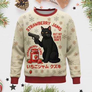 Cat Strawberry Jams But My Glock Don't Ugly Christmas Sweater