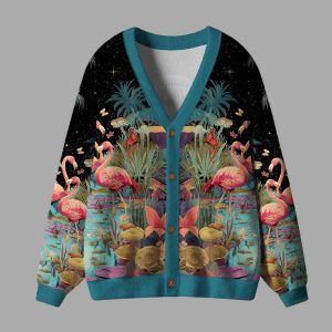Midnight Flamingo Waltz Ugly Cardigan Sweater 1 Midnight Flamingo Waltz Ugly Cardigan Sweater 2