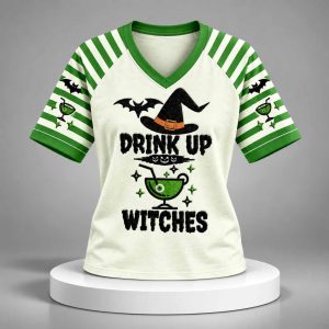 Drink Up Witches Wine Glass Halloween 2026 V Neck Shirt