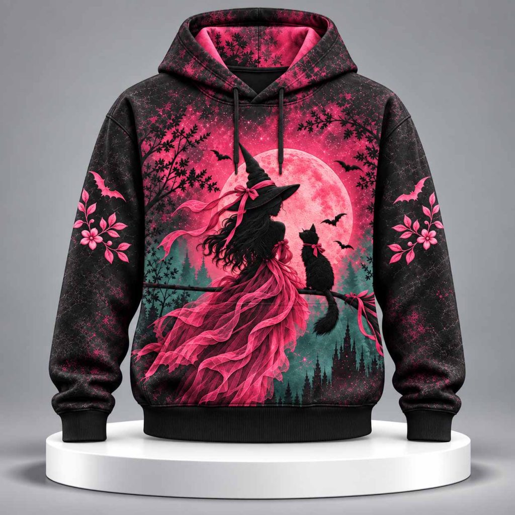 Pink Moon Witch And Black Cat Halloween Hoodie 1 Pink Moon Witch And Black Cat Halloween Hoodie 1