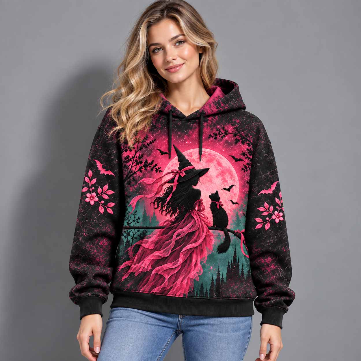 Pink Moon Witch And Black Cat Halloween Hoodie Pink Moon Witch And Black Cat Halloween Hoodie