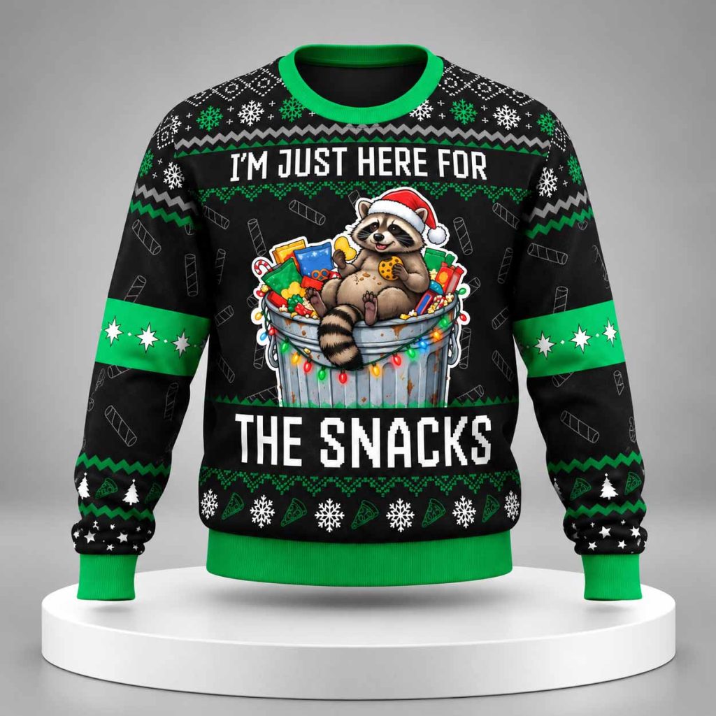Raccoon For The Snacks Ugly Christmas Sweater 1
