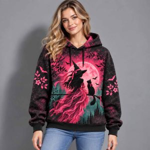 Pink Moon Witch And Black Cat Halloween Hoodie 1 Pink Moon Witch And Black Cat Halloween Hoodie 2